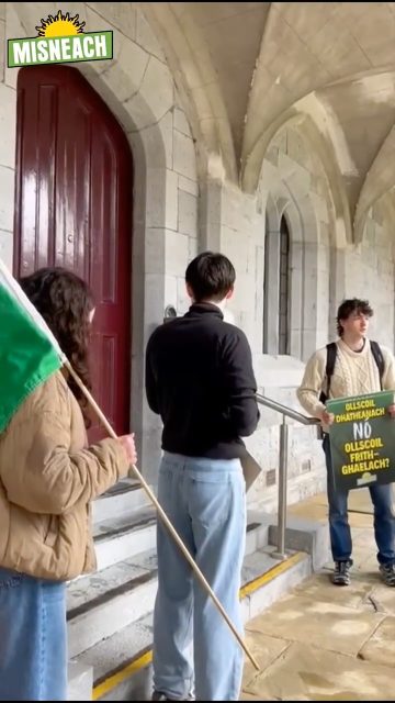 Bhailigh mic léinn agus Gaeil na Gaillimhe sa Quad in Ollscoil na Gaillimhe inniu chun cur i gcoinne ísliú céime na teanga san institiúid. 

Leagadh litir isteach go lucht ceannais na hOllscoile ag impí orthu athmhachnamh a dhéanamh ar an gcinneadh fáil réidh le riachtanas Gaeilge do na poist is sinsearaí. 

Tá ról lárnach ag Ollscoil na Gaillimhe Gaeilge cúrsaí Gaeilge a chur ar bun chun go mbainfeadh an stát a spriocannaí faoin Acht Teanga amach.

Ach le creimeadh leanúnach ar stádas na Gaeilge san ollscoil is léir go mbeidh dúshlán ollmhór i gceist obair i dtreo na gcuspóirí úd.

- 🇮🇪 -

Students and Irish speakers in Galway gathered in the Quad at the University of Galway today to oppose the downgrading of the Irish language within the institution.

A letter was delivered to the University leadership urging them to reconsider the decision to remove the Irish‑language requirement for the most senior positions.

The University of Galway has a central role in providing Irish‑language courses so that the State can meet its targets under the Official Languages Act.

But with the ongoing erosion of the status of Irish within the university, it’s clear that working toward those goals will be a major challenge.

#Misneach #MisneachAbú #OllscoilnaGaillimhe #UniversityofGalway #Gaeilge