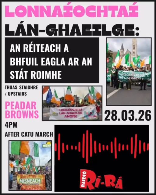 Labhair Rúnaí Misneach, Kerron Ó Luain, le Raidió RíRá inné faoin gcruinniú ar na Lonnaíochtaí Lán-Ghaeilge a bheas ar siúil inniu ag a 4 i Peadar Browns 
—
Misneach Secretary Kerron Ó Luain spoke to Raidió RíRá about the housing discussion that will be on in Peadar Browns today at 4.

#misneach | #gaeilge | #misneachabú