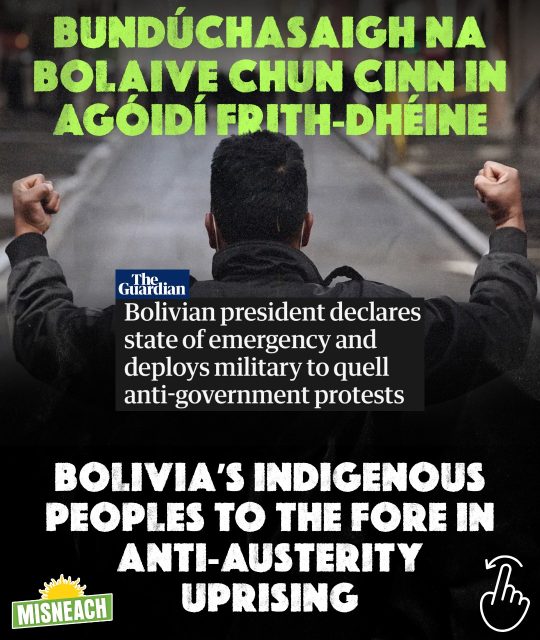 Tá pobal dúchasach atá ag cur i gcoinne na déine sa Bholaiv agus Meiriceá Theas ag seasamh i gcoinne an impiriúlachais chomh maith. Ní mór seasamh leo. 

Thiar in 2021 reáchtáil Misneach ócáid dlúthpháirtíocht leis an bpobal Quechua sa Bholaiv inar fhoghlaim Gaeil faoi steachailtí teanga an dreama sin. Más mian leat páirt a ghlacadh in eagraíocht díchoilínithe, leanaigí na nasc inár mbio thuas

— 🇮🇪 🇧🇴—

Indigenous communities resisting austerity in Bolivia and across South America are also resisting imperialism. We must stand with them. 

Back in 2021, Misneach held a solidarity event with the Quechua people of Bolivia, where Irish speakers learned about their linguistic struggles. 
If you want to take part in a decolonial organisation, follow the link in our bio.

#Misneach #Misneachabú #Bolivia #Gaeilge #Díchoilínigh