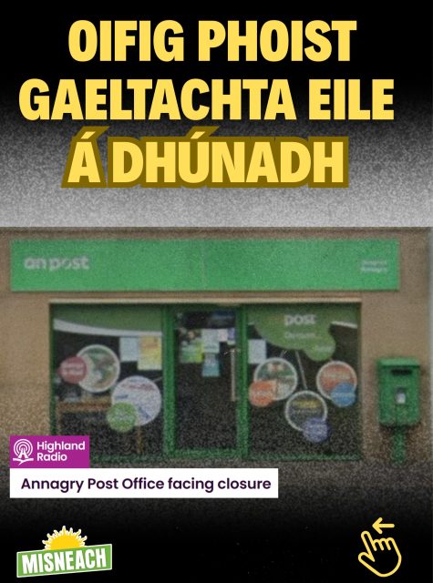 Má dhiúltaíonn An Post seirbhís riachtanach den sórt seo a chur ar bun, ní mór don stát maoiniú dhíreach a thabhairt do na hoifigí, nó tacaíochtaí a chur ar fáil chun go mbeadh an pobal in ann na hoifigí a reáchtáil ar nós comharchumainn, rud a choinneodh fostaíocht, beocht agus an Ghaeilge sna ceantair sin.

Más mian leat páirt a ghlacadh in eagraíocht atá i gcoinne scrios na tuaithe agus atá ar son na Gaeltachta bí i dteagmháil linn inniu. 

— 🇮🇪 —

If An Post refuses to provide such an essential service, the state must directly fund these offices, or provide supports so that the community can run them as co operatives; something that would protect employment, vitality and the Irish language in these areas.

If you want to take part in an organisation that opposes the destruction of rural Ireland and stands for the Gaeltacht, get in touch with us today.

#Misneach #Gaeltacht #DúnnanGall #Gaeilge #MisneachAbú